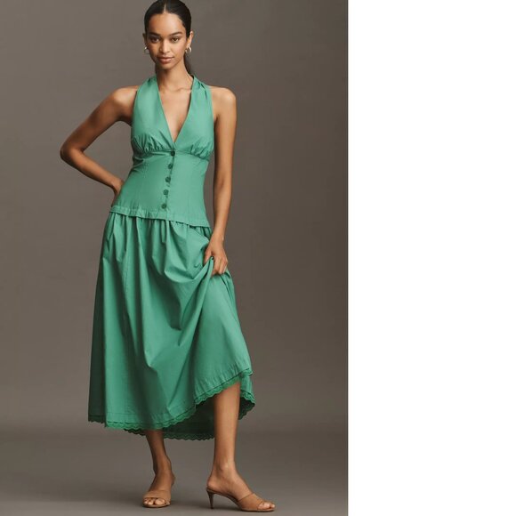 Anthropologie Maeve Halter V-Neck Drop-Waist Midi Dress LP PL petite new nwt - Picture 3 of 8